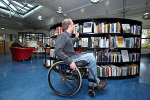 Wheel-chair accessible book stacks.