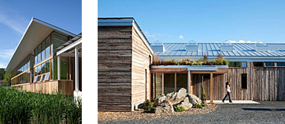 Exterior of the Omega Center for Sustainable Living, left pic features wall of windows, right pic show a walking path