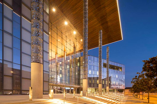 Main Entrance featuring one of two Art Program Commissions: Air Columns by Ned Khan, a California Public Arts Artist.