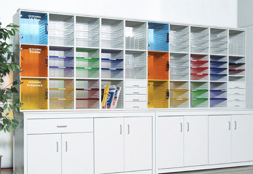 Mail center with colored dividers for organization