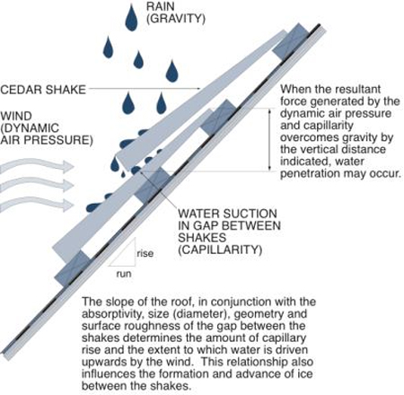 Cross-section of cedar shake on a roof and the principles of physics explaining the importance of effective overlap