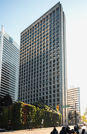 exterior of the building known as Arthur Erickson Place in downtown Vancouver, Canada