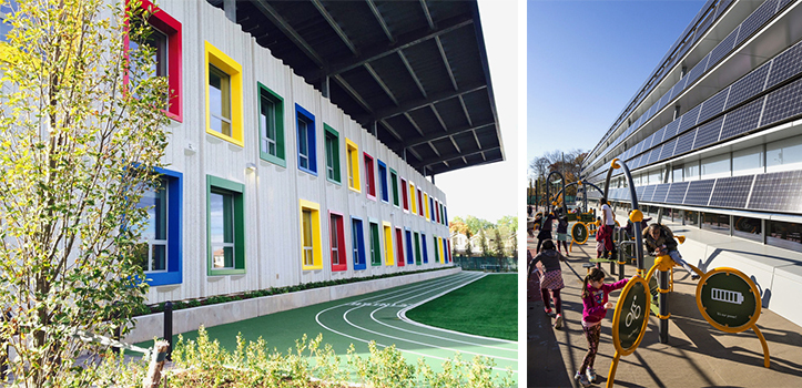 side-by-side images, image on left is the exteror facade of a school with primary colors painted around the window frames of the two story building, a horizontal shading device along the top of the building, and a track running along the side and image on right is children playing on playground equipment next to a school building that is covered in solar panels