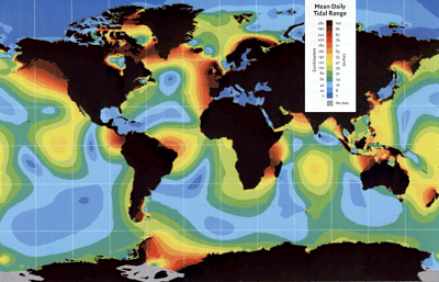 Illustration of a color-coded world map that shows the global distribution of tidal range. The mean tidal range is measured between zero and 94 inches and above