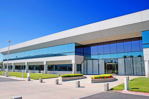 Bollards installed at an office building perimeter