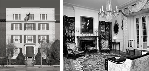 Side by side photos: left-Exterior photo of The Blair House, DC, and right-Interior parlor of The Blair House, DC