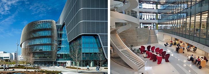 Side by side photos, left is the building form of the Interdisciplinary Science and Engineering Complex in Boston and right is the building's central atrium