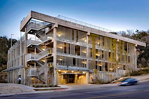 T3 Parking Structure has transparency, light from a light well within, and a green roof as part of its appeal in a residential neighborhood