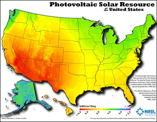 Map depicting photovoltaic solar resource of the United States