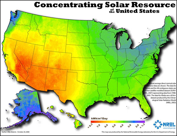 Map depicting concentrating solar resource of the United States