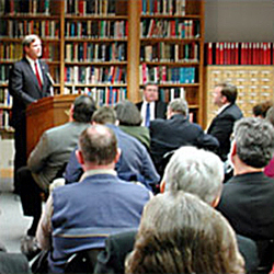 Photo of a presentation being given in the Herbert Hoover Library's research room