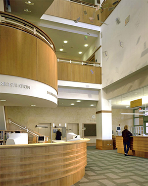 Front and circulation desks at Des Plaines Public Library-Des Plaines, IL