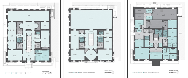 Left to right: First Floor Plan, Second Floor Plan, and Basement Level Plan of the Renwick Gallery, Smithsonian American Art Museum