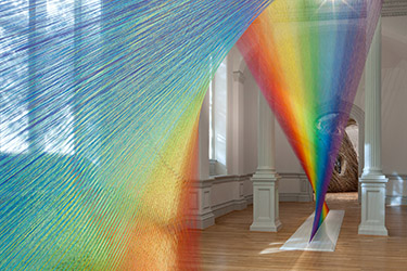 The art installation Plexus A1, by Gabriel Dawe, 2015, uses colored thread to simulate rays of light. Part of Wonder Exhibit Installations at the Renwick Gallery