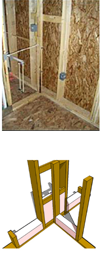 2 examples of OVE ladder blocking at exteriour wall T-intersection: top is a photo, bottom is an illustration
