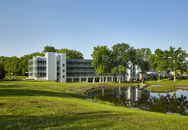 Exterior of the Saint Gobain CertainTeed North American Headquarters and the pond