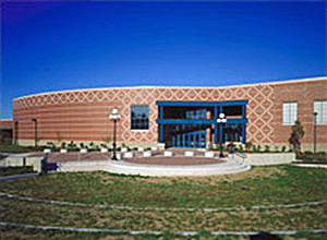 Exterior of Brunswick High School, Maine, with water detention areas