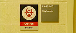 Biohazard warning sign outside of a laboratory