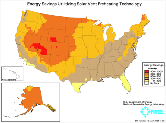 Illustration of a map of the United States showing the energy savings utilizing solar vent preheat technology. Energy savings per kilowatt-hour per square meter per year range from no data, 0 to 200, 400 to 600, 600 to 800, and 800 to 1,000. There are a number of states with 200 to 400 kilowatt-hours per square meter per year, several states with 400 to 600 kilowatt-hours per square meter per year, and several states with 600 to 800 kilowatt-hours per square meter per year. Only a small portion of Wyoming, Colorado, Utah, and Nevada have energy savings of 800 to 1,000 kilowatt-hours per square meter per year.