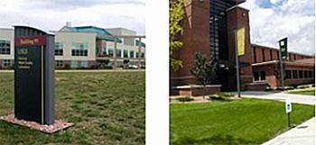 left photo: federal building campus with sign, grassy area, and buildings; right photo: exterior of large building with pedestrian walking paths, parking signs, and flag poles