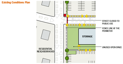 drawing of the security desgn problem in zone 1 for a federal building campus renovation in a suburban location