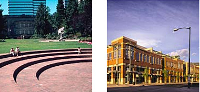 left photo: large curved steps integrated on a campus lawn with people sitting on them and buildings in the background; right photo: strett view of a downtown with architecturally prominent buildings along the sidewalks
