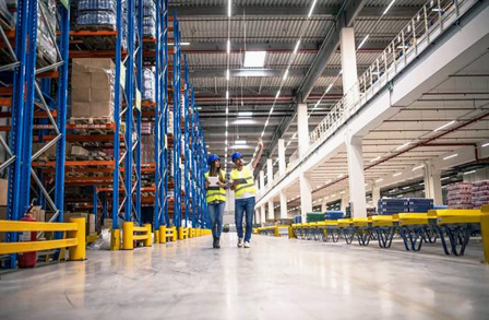 two people walking though a warehouse