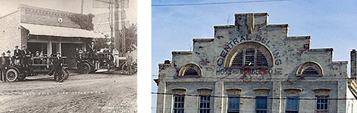2 photots: on left is an old photograph of a firehouse with a giant awning, tractors parked out front, and men posing for the picture in Pilot Point, Texas, 1906; on the right is he front/top floor view of an ornate historic building with a 'stair step' top, and stone awning-like structures above the top widows. The words Central Belting Hose and Rubber are still visible around the main eyebrow window which along with side windows still have louvers in place.