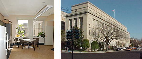 2 photos: on left is the interior view of a room in the Department of the Interior, Headquarters Building showing a refrigerator along the left, a large window at one end filled with plants, a round table and chairs in front of the window, and a hanging light fixture; on the right the exterior of the Department of the Interior, Headquarters Building, Washington, DC