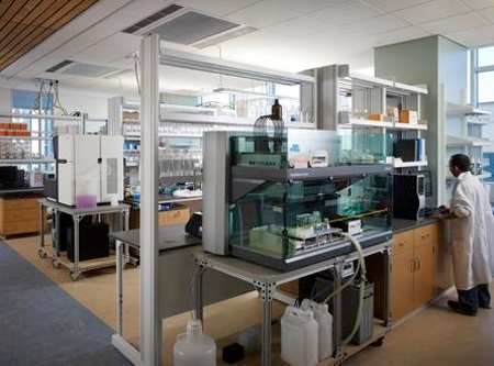 Oklahoma Medical Research Facility (OMRF) with chilled beams installed. The square shaped panel in the ceiling is the chilled beam.