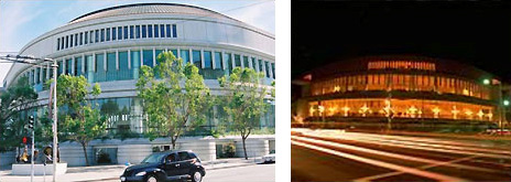 2 side-by-side photos of Davies Symphony Hall, San Francisco: left-at daytime and right-at night