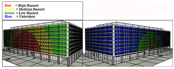 Sample output from detailed explosive analysis. The left image (glazing hazard in an existing facility) shows variances from high hazard, medium hazard, and low hazard. The right image (glazing hazard in an upgraded facility) shows the majority of the building as unbroken.