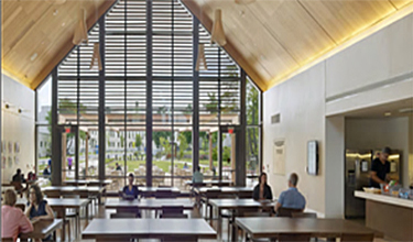 The USO Warrior and Family Center community room with large windows