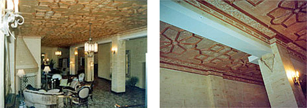 2 side by side photos: left-Interior view of late 1920's apartment building, Washington, and right-Close up of highly decorative ceiling in an apartment Building, Washington, DC (late 1920's). Both photos show a beam slightly elongated to accommodate sprinkler pipes and other systems