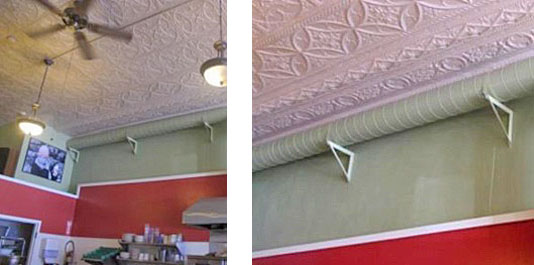side by side images: left-exposed spiral ductwork installed without a boxed soffit to preserve the distintive border of the decorative pressed-tin ceiling, and right-close-up of exposed spiral ductwork installed without a boxed soffit to preserve the distintive border of the decorative pressed-tin ceiling
