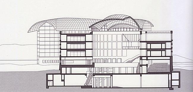 drawing of the Institute of Peace building, east-west section through the south atrium