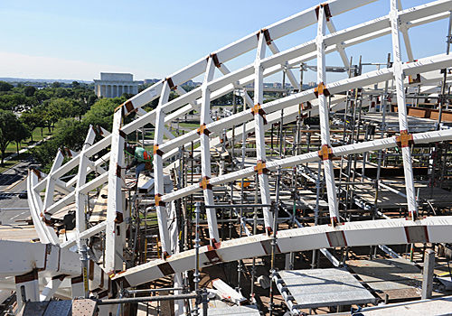 constructing dove shaped roof elements on the the Institute of Peace, Washington DC