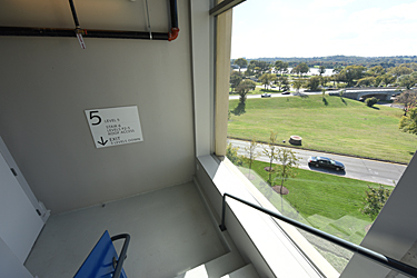 stairwell of the Institute of Peace with sweeping views of the Potomac