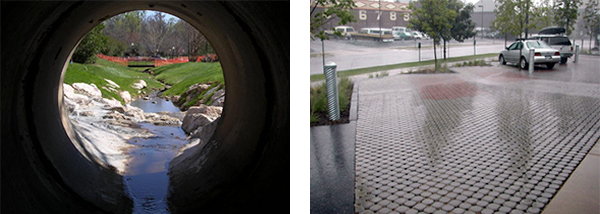 Left: Storm water drainpipe; Right: Permeable pavers in parking lot