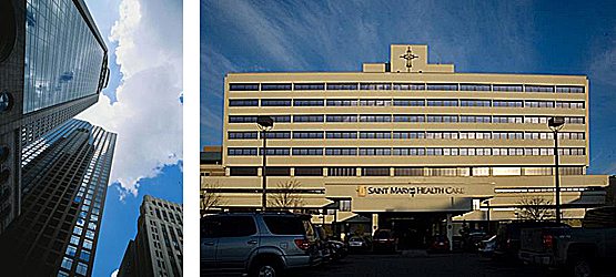 left-exterior of skyscrapers right-st marys hospital building