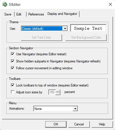 Illustration of the SI Editor's Tool Menu - Options: Display and Naigator 