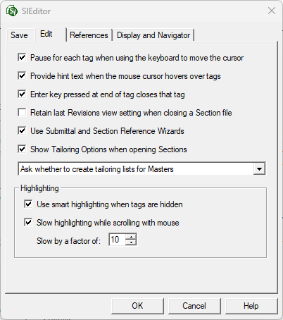 SI Editor Tools Menu - Options: Edit Tab Illustration of the SI Editor Tools Menu - Options: Edit Tab