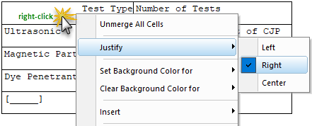 Illustration SI Editor's Formatted Table Justify Right
