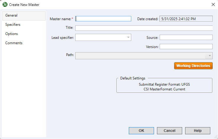 Illustration SI Explorer's File Menu - New Master:  General Tab