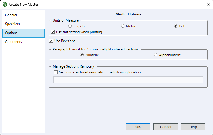 Illustration SI Explorer's File Menu - New Master:  Options Tab