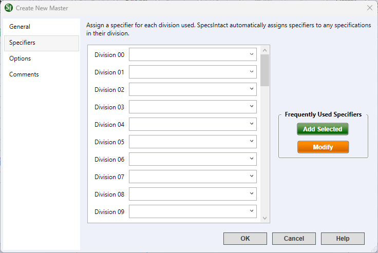 Illustration SI Explorer's File Menu - New Master:  Specifiers Tab