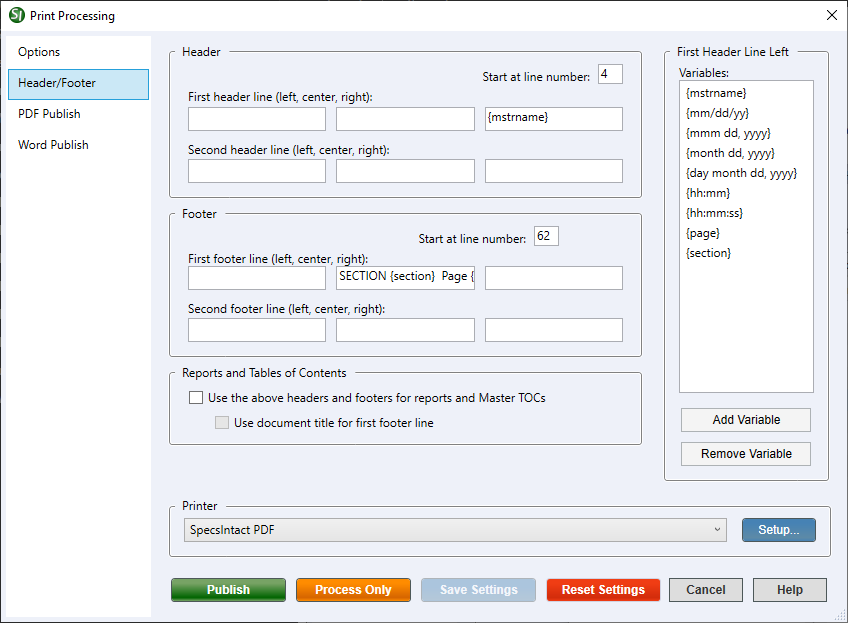 Illustration SI Explorer's File Menu - Process & Print/Publish:  Header/Footer