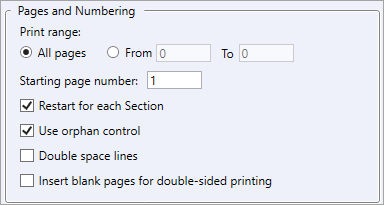 Illustration SI Explorer's File Menu - Process and Print/Publish: Options Tab - Pages and Numbering