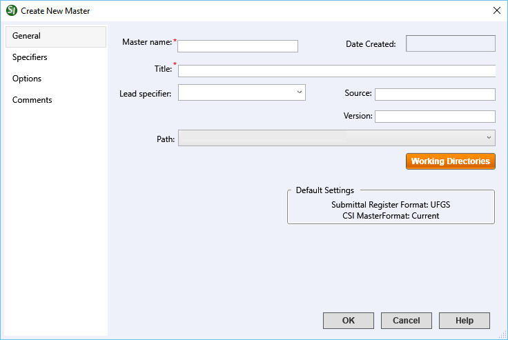 Illustration SI Explorer's File Menu - New Master:  General Tab