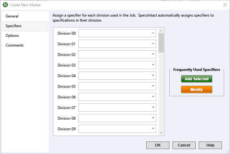 Illustration SI Explorer's File Menu - New Master:  Specifiers Tab